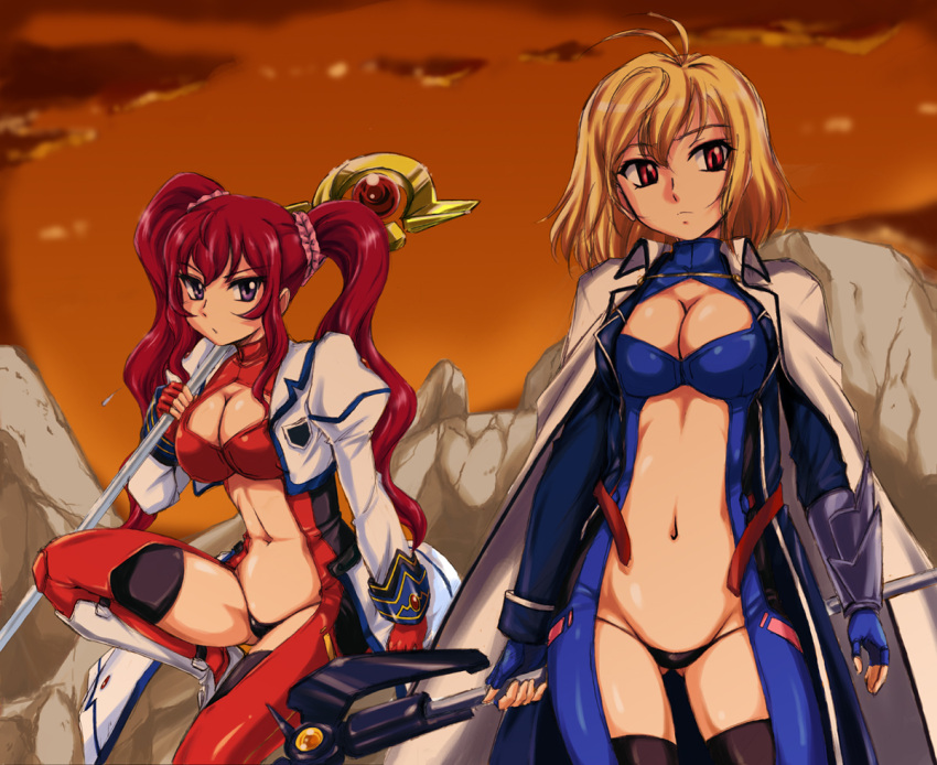 2girls, angelise_ikaruga_misurugi, antenna_hair, black_legwear, black_panties, blonde_hair, breasts, cape