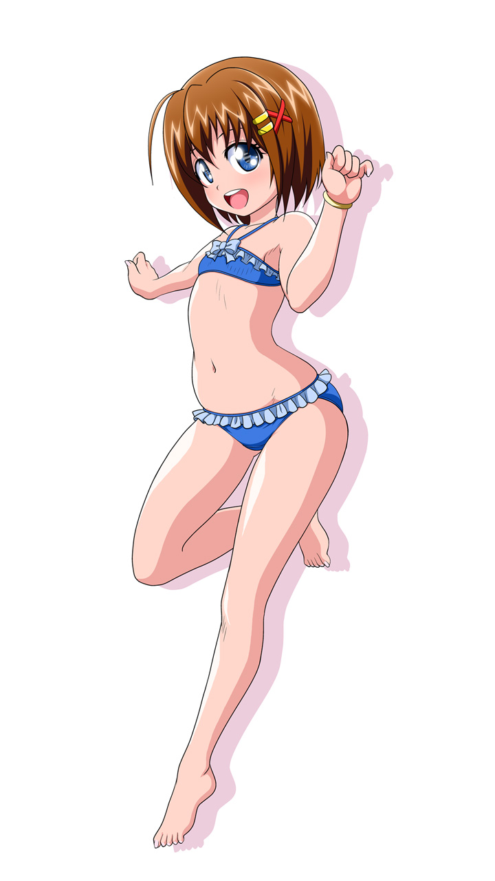 1girl, bikini, blue_eyes, brown_hair, highres, inferno_(nanbu14), lyrical_nanoha, mahou_shoujo_lyrical_nanoha