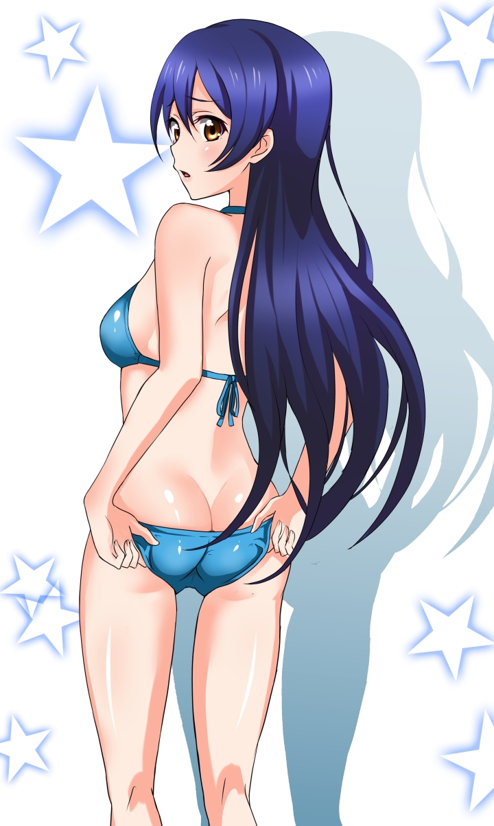 1girl, adjusting_clothes, adjusting_swimsuit, ass, bikini, black_hair, brown_eyes, from_behind, highres, jumon, long_hair, love_live!_school_idol_project, sonoda_umi, swimsuit