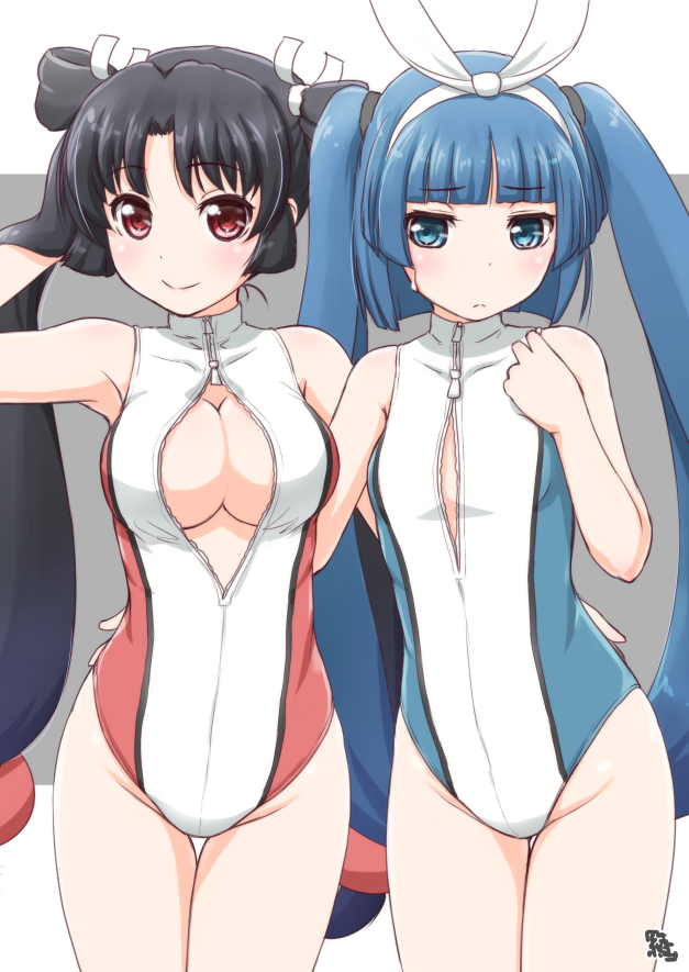 1girl, 2girls, ayama_yuiya, black_hair, blue_eyes, blue_hair, cusco_(company), front_zipper_swimsuit