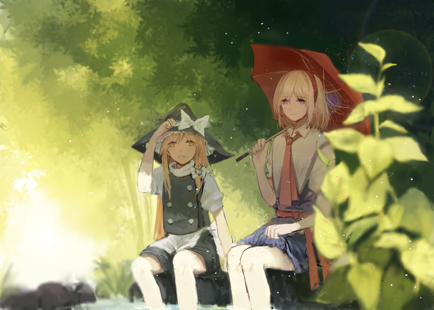 2girls, alice_margatroid, apron, blonde_hair, blue_dress, blue_eyes, blurry, bow
