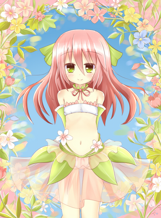 arms_behind_back, bandeau, detached_sleeves, flat_chest, flower, green_eyes, leaf, long_hair