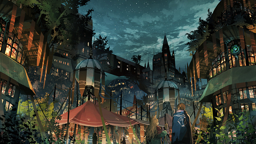 1boy, 1girl, animal_ears, building, cityscape, fantasy, highres, jumpei99