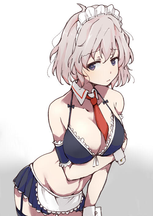 1girl, apron, armband, blue_eyes, breast_hold, breasts, chinchilla, detached_collar