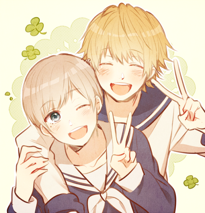 2boys, blonde_hair, blush, closed_eyes, male_focus, mole, mole_under_eye, multiple_boys