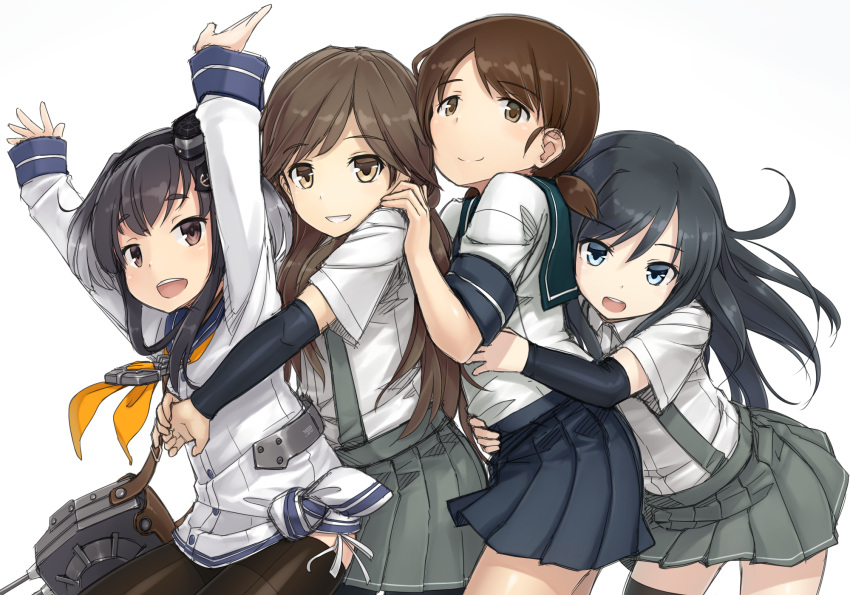 4girls, arashio_(kantai_collection), arm_warmers, asashio_(kantai_collection), black_hair, black_legwear, blue_eyes, brown_eyes