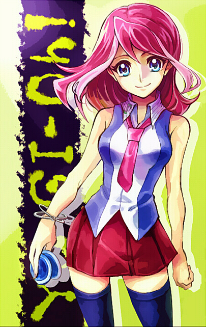 1girl, blue_eyes, bracelet, hair_down, hiiragi_yuzu, jewelry, multicolored_hair, necktie