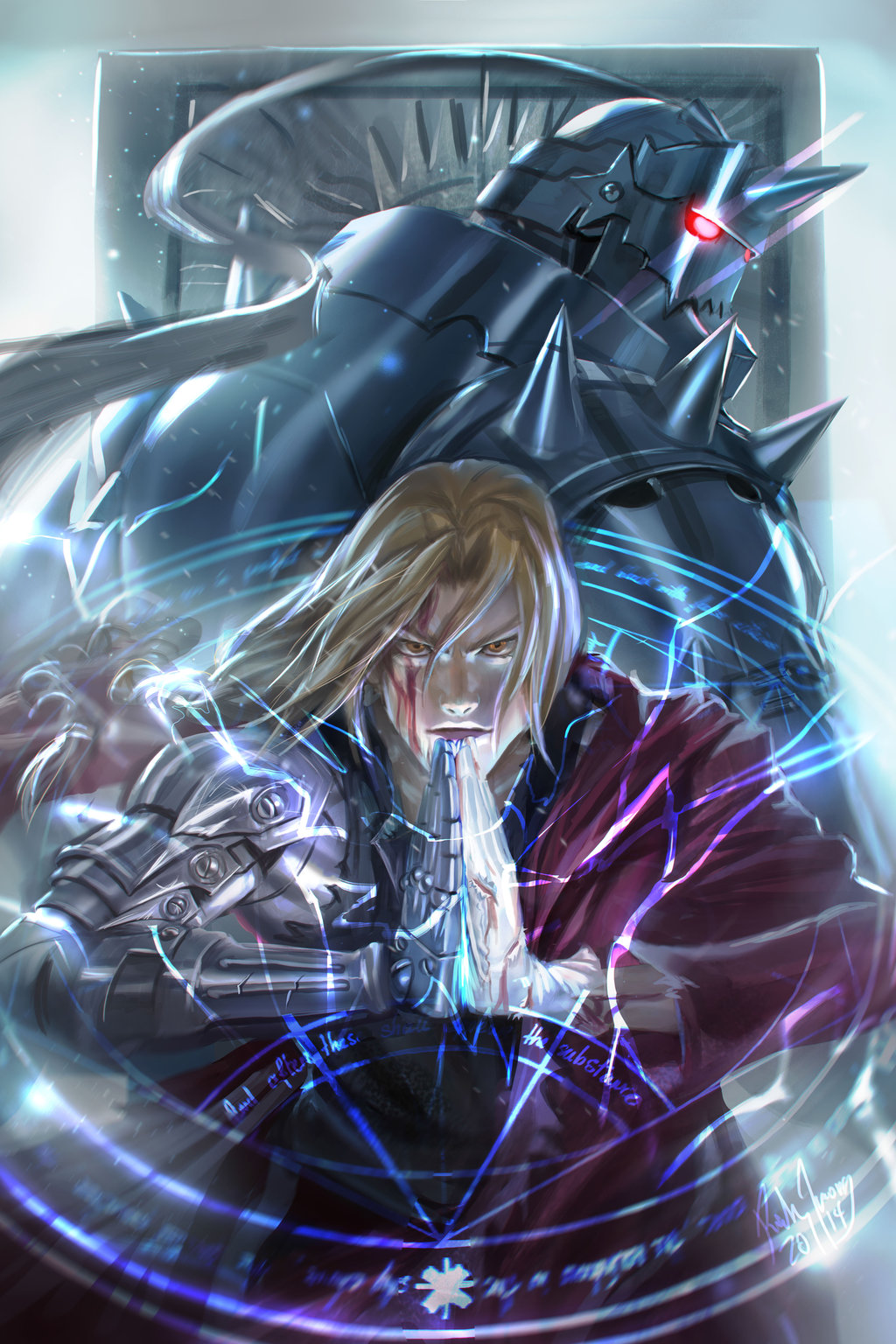 2014, 2boys, alchemy, alphonse_elric, armor, blonde_hair, blood, blood_on_face