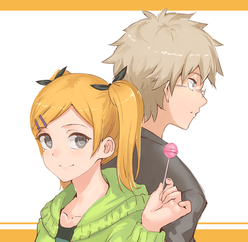 1boy, 1girl, blonde_hair, blush, brown_hair, candy, glasses, grey_eyes
