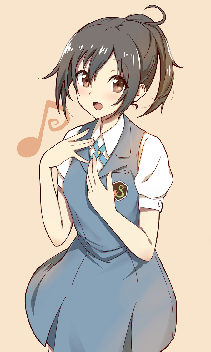 1girl, :d, black_hair, blush, brown_eyes, looking_at_viewer, open_mouth, ponytail