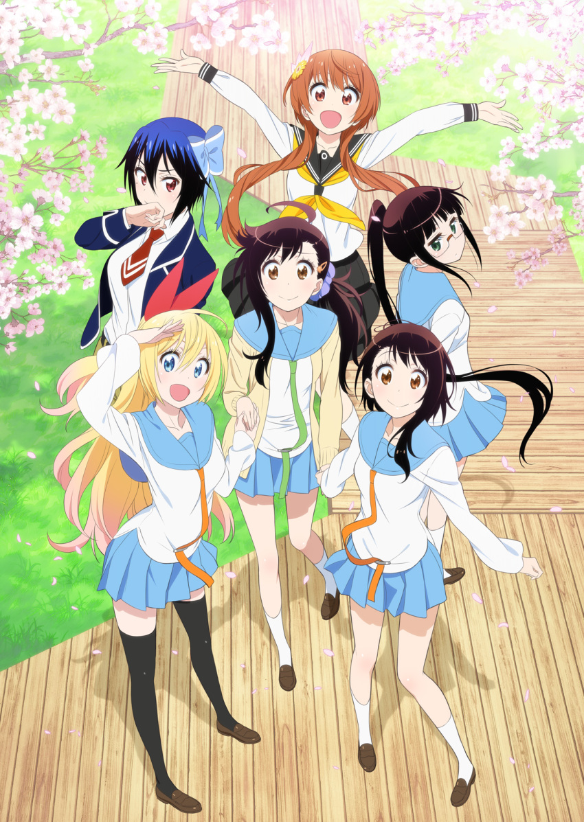 6+girls, :d, ahoge, blonde_hair, blue_eyes, blue_hair, brown_hair, cherry_blossoms