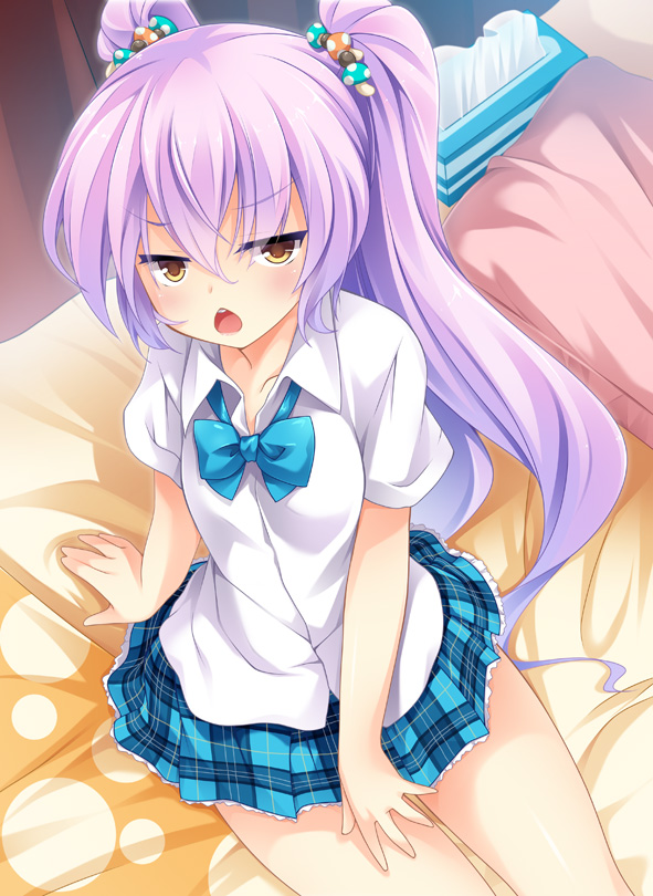 bed, girlfriend_(kari), himejima_kinoko, purple_hair, school_uniform, twintails, yellow_eyes, yuki_shin