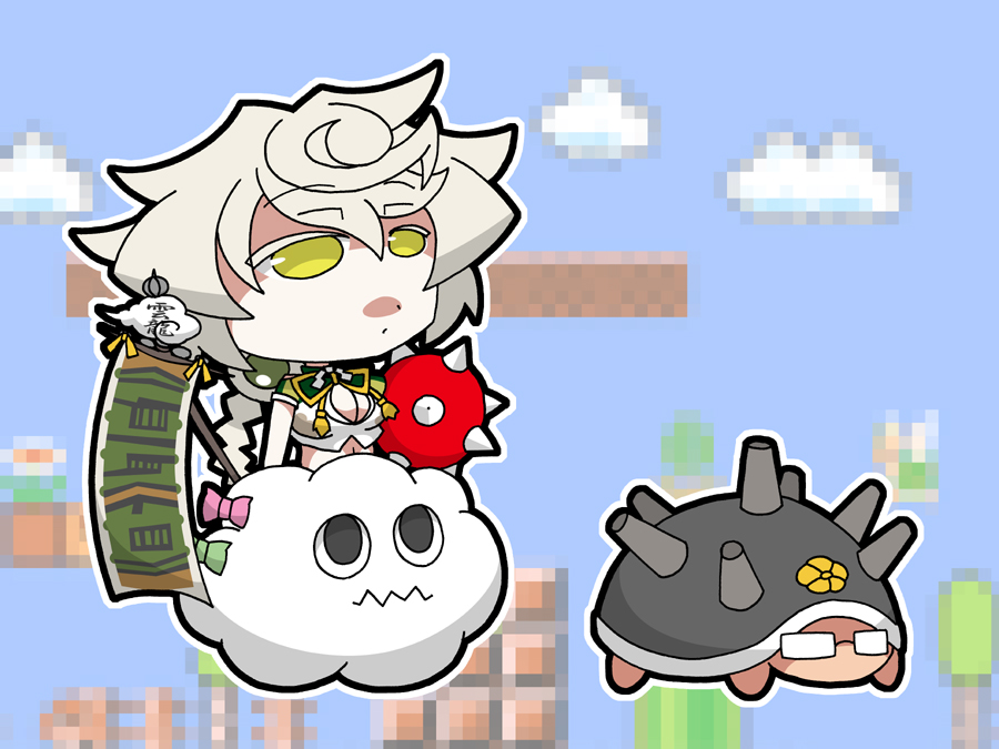 1girl, black_eyes, braid, breasts, cleavage, cleavage_cutout, clouds, crossover, flat_gaze, glasses, kantai_collection, lakitu, mahoroba_shirou, midriff, miss_cloud, musashi_(kantai_collection), navel, parody, ribbon, silver_hair, single_braid, spiny, super_mario_bros., unryuu_(kantai_collection), yellow_eyes