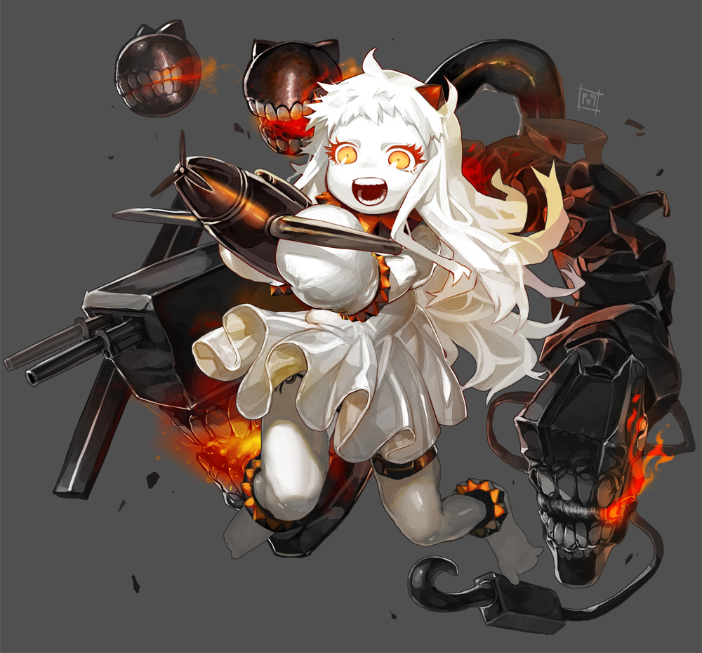 1girl, :d, airplane, dress, fire, horns, kantai_collection, long_hair