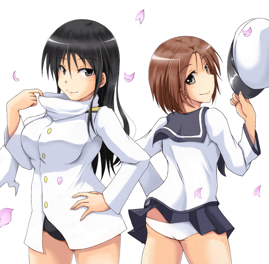 2girls, black_eyes, black_hair, brown_hair, hat, holding, holding_hat, isosceles_triangle_(xyzxyzxyz)