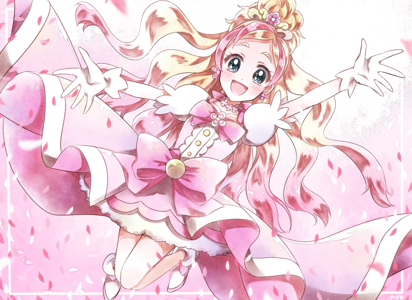 1girl, :d, blonde_hair, blue_eyes, choker, cure_flora, gloves, go!_princess_precure, gradient_hair, haruno_haruka, highres, looking_at_viewer, magical_girl, miyanonnon, multicolored_hair, open_mouth, petals, pink_hair, precure, smile, solo, two-tone_hair, white_gloves