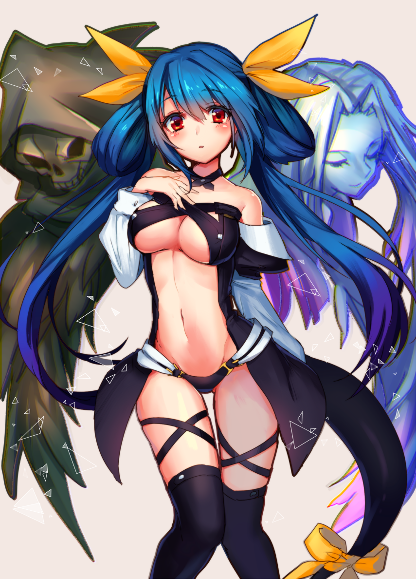 1girl, bare_shoulders, black_legwear, blue_hair, blush, breasts, choker, dizzy