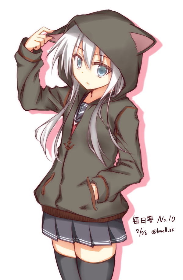 1girl, animal_ears, animal_hood, blue_eyes, cat_ears, hibiki_(kantai_collection), hood, hooded_jacket, jacket, kantai_collection, long_hair, lowell_(ouranoss2kanata), school_uniform, serafuku, silver_hair, thigh-highs