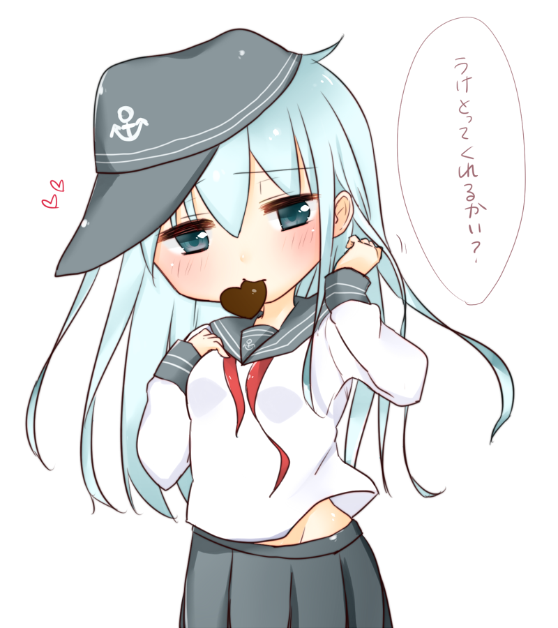 1girl, anchor_symbol, blue_eyes, chocolate, chocolate_heart, flat_cap, food_in_mouth, hair_between_eyes, hat, heart, hibiki_(kantai_collection), kantai_collection, long_hair, long_sleeves, neckerchief, school_uniform, serafuku, silver_hair, skirt, solo, translation_request, tsuchihara_ai, valentine