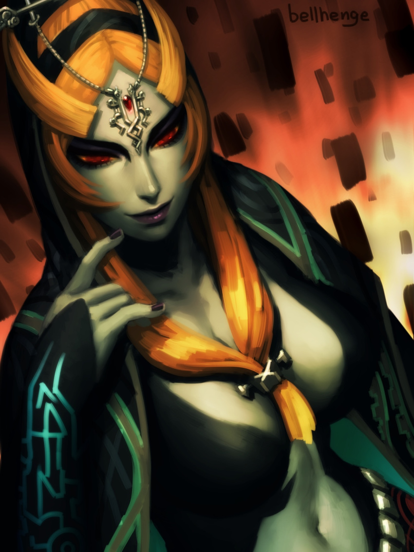 1girl, bellhenge, blue_skin, breasts, front_ponytail, highres, long_hair, midna