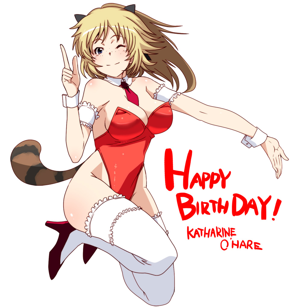 1girl, ;), animal_ears, armlet, blonde_hair, blue_eyes, blush, body_blush