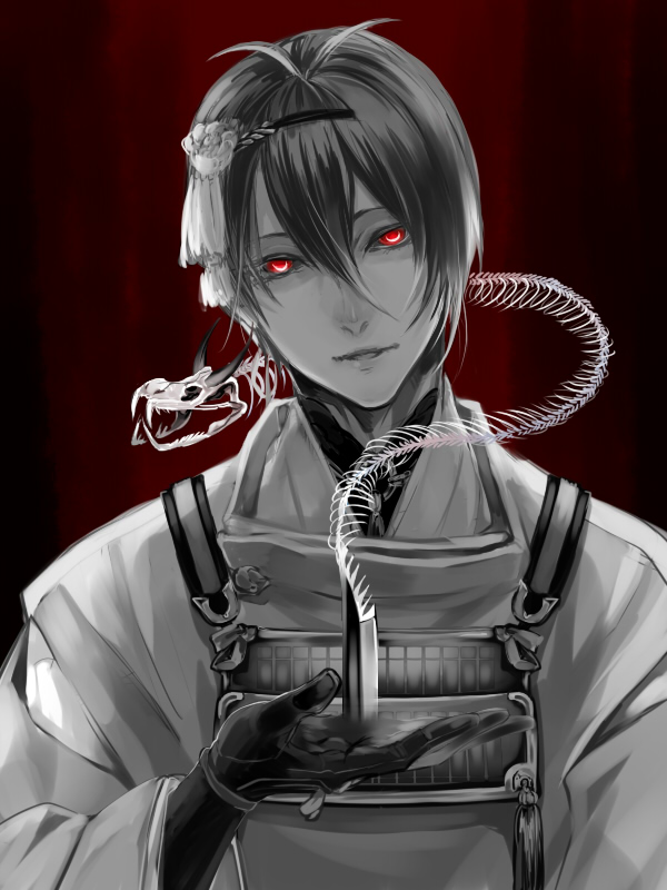 1boy, gloves, historical_revisionist, japanese_clothes, looking_at_viewer, male_focus, mikazuki_munechika, monochrome