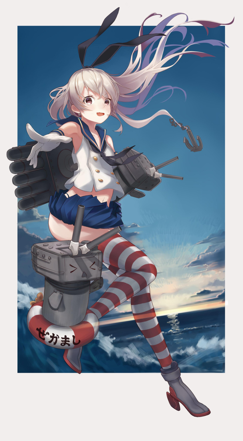 1girl, absurdres, blonde_hair, brown_eyes, gloves, highres, innertube, kantai_collection, long_hair, rensouhou-chan, rumisher, shimakaze_(kantai_collection), skirt, solo