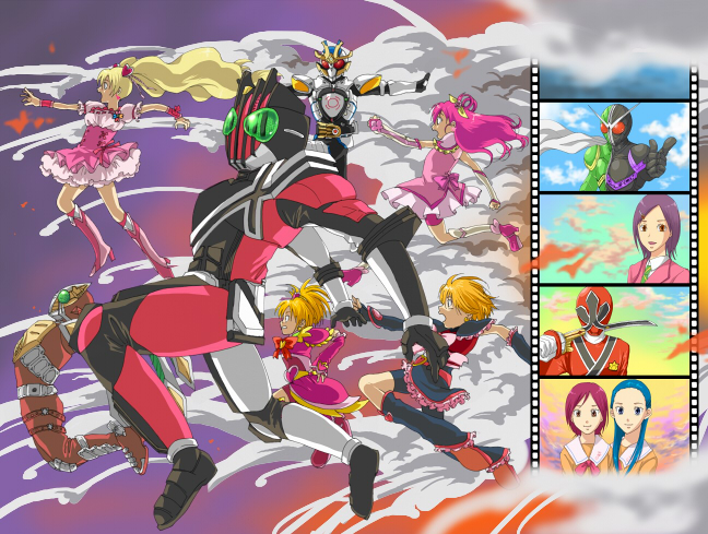 5boys, 6+girls, crossover, cure_black, cure_bloom, cure_dream, cure_peach, explosion