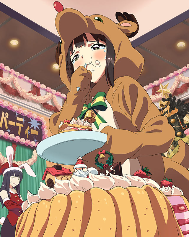 2girls, animal_costume, animal_ears, bell, bow, brown_eyes, brown_hair, cake, christmas, christmas_garland, christmas_tree, crossed_arms, dutch_angle, eating, food, food_on_face, from_below, hat, katayama_minami, long_hair, multiple_girls, nanase_yoshino, official_art, purple_hair, rabbit_ears, reindeer_costume, santa_hat, solo_focus, sweatdrop, tears, wake_up_girls!, wake_up_girls!_stage_no_tenshi