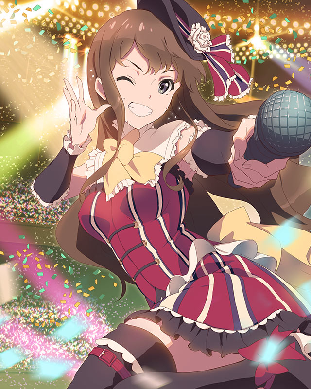 1girl, grin, iwasaki_shiho, microphone, official_art, one_eye_closed, smile, solo