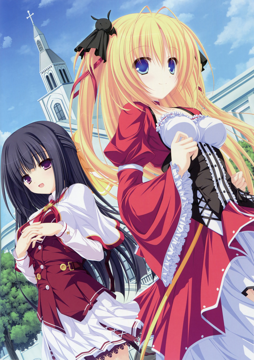 2girls, absurdres, black_hair, blonde_hair, blue_eyes, breasts, dress, half_updo