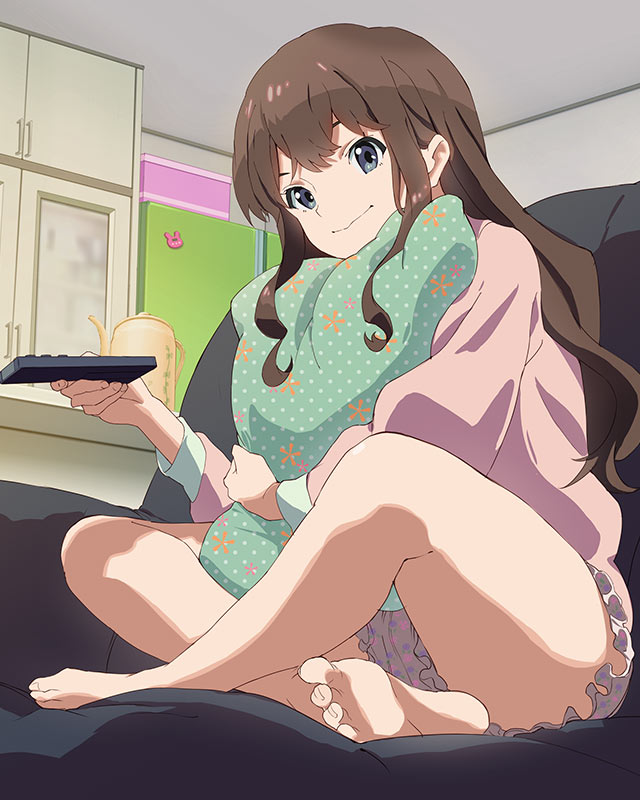 1girl, barefoot, brown_hair, butterfly_sitting, controller, couch, indoors, iwasaki_shiho