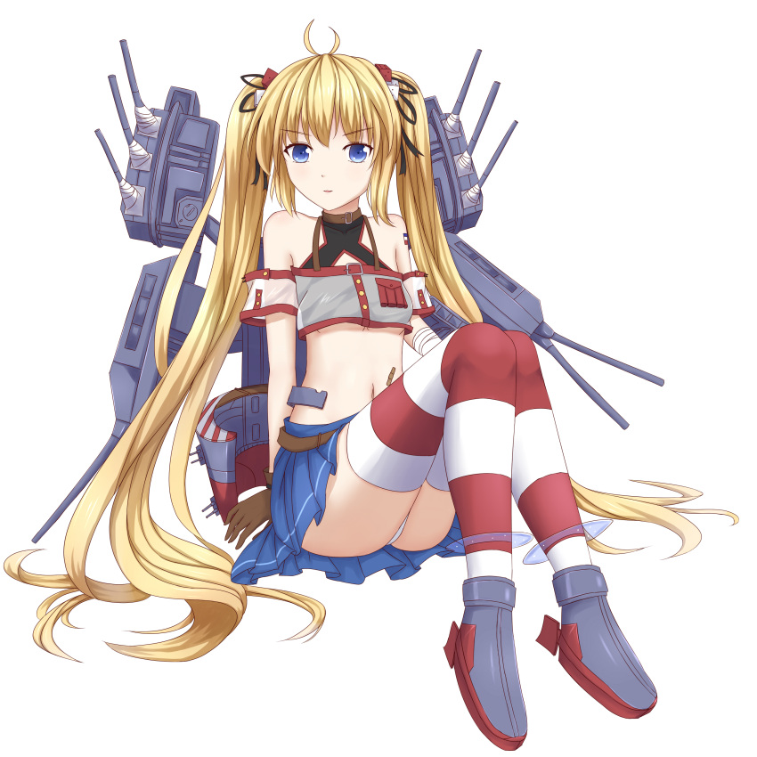 1girl, absurdres, andrea_doria_(warship_girls_r), bandaid, blonde_hair, blue_eyes, highres, long_hair, looking_at_viewer, mecha_musume, midriff, panties, personification, pleated_skirt, sitting, skirt, solo, striped, striped_legwear, thigh-highs, twintails, underwear, very_long_hair, warship_girls_r, white_panties, wujojin