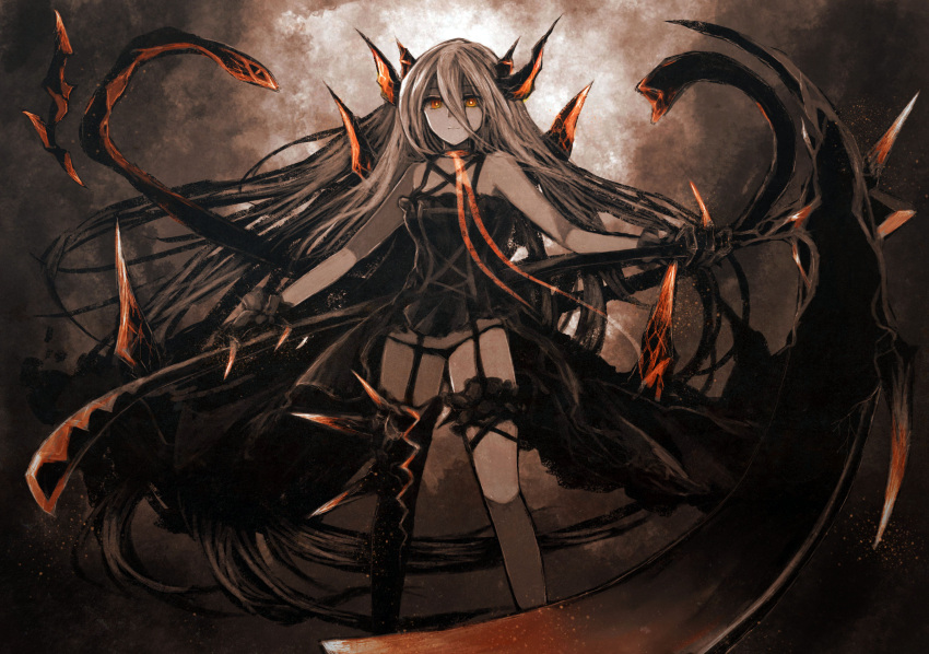 1girl, absurdly_long_hair, highres, long_hair, looking_at_viewer, orange_eyes, pale_skin, scythe, solo, ten_(cherry61897), very_long_hair, warship_girls_r, yellow_eyes