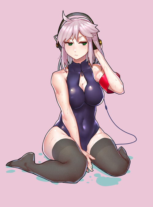 1girl, ahoge, breasts, cleavage, covered_navel, czk021, female, front_zipper_swimsuit