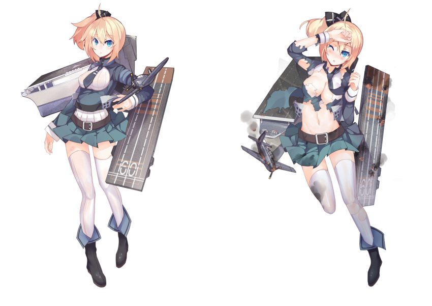 1girl, belt, blonde_hair, blue_eyes, bogue_(warship_girls_r), breasts, damaged, looking_at_viewer, mecha_musume, necktie, original, personification, pleated_skirt, rain_lan, short_hair, side_ponytail, skirt, thigh-highs, torn_clothes, warship_girls_r, white_legwear