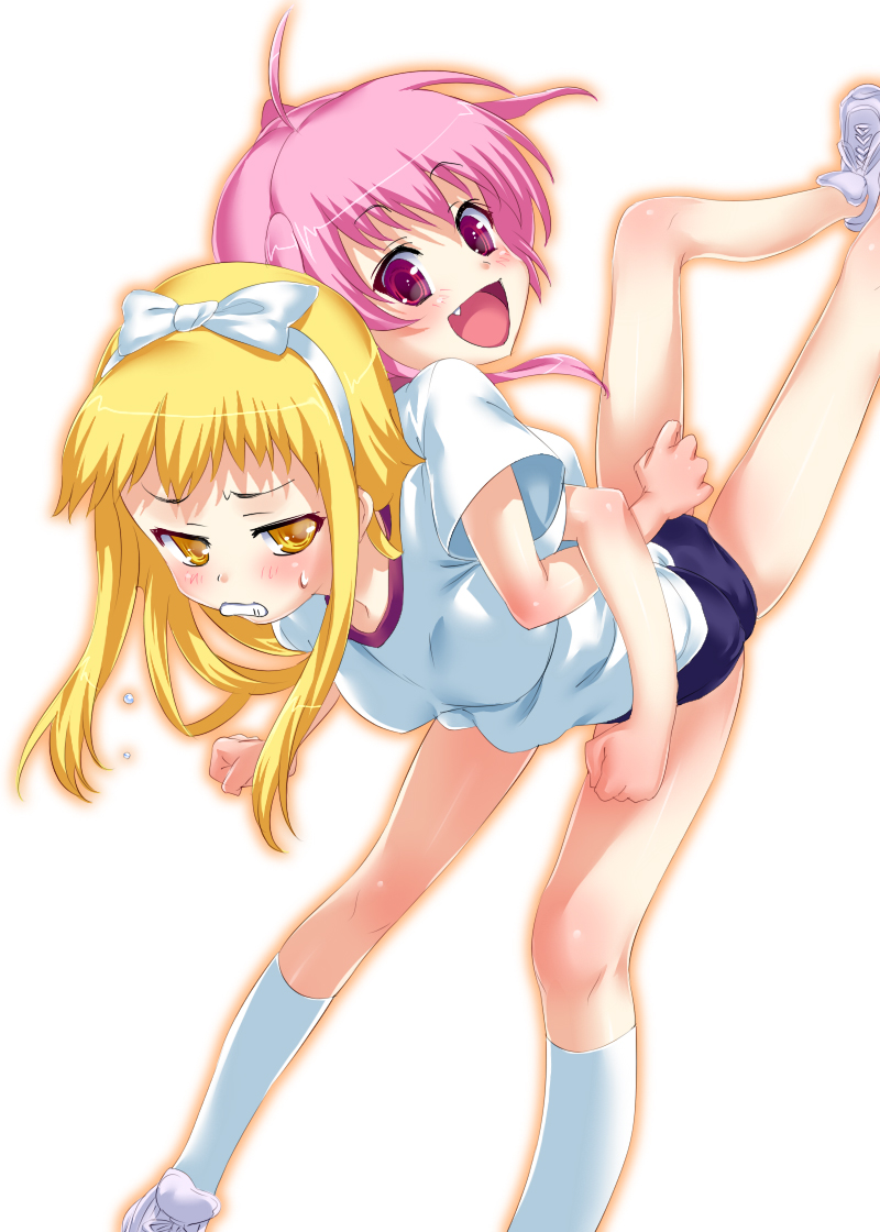 back-to-back, blonde_hair, blush, buruma, gym_uniform, hisashi, hisashi_(nekoman), locked_arms