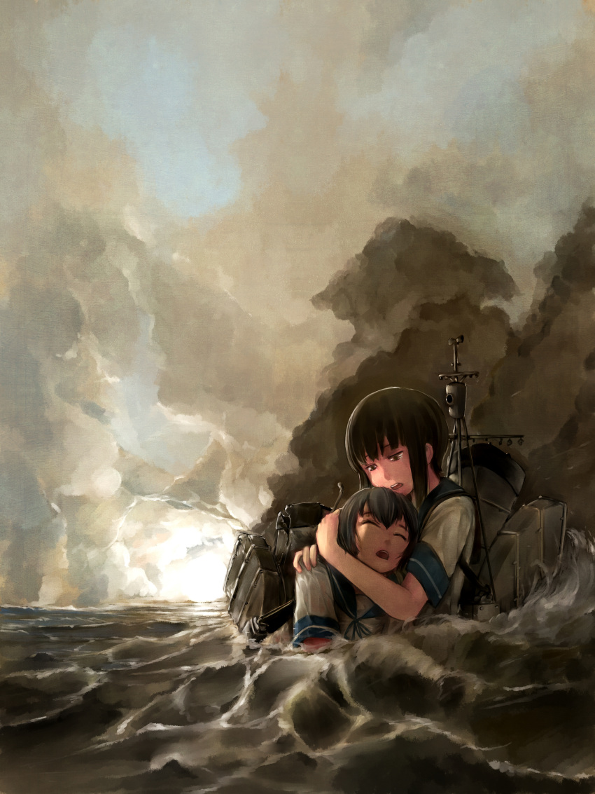 absurdres, brown_hair, character_request, clouds, cloudy_sky, damaged, fubuki_(kantai_collection), highres, holding, kantai_collection, lordlessv2, ocean, partially_submerged, short_hair, sky, tears, turret, waves