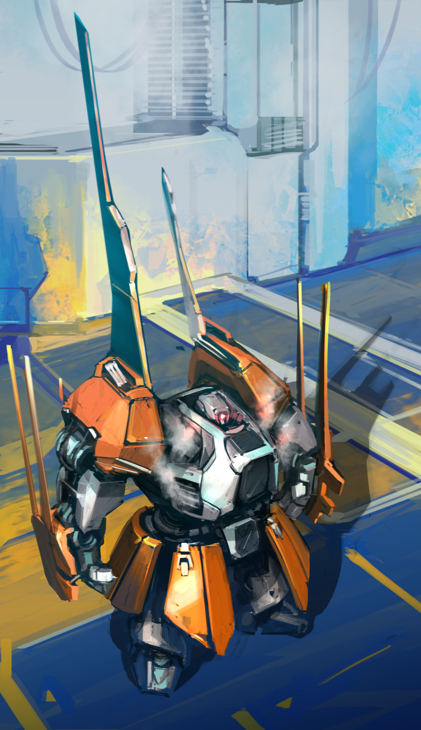 absurdres, building, cable, hangar, highres, mecha, original, realistic, science_fiction, sketch, vapor