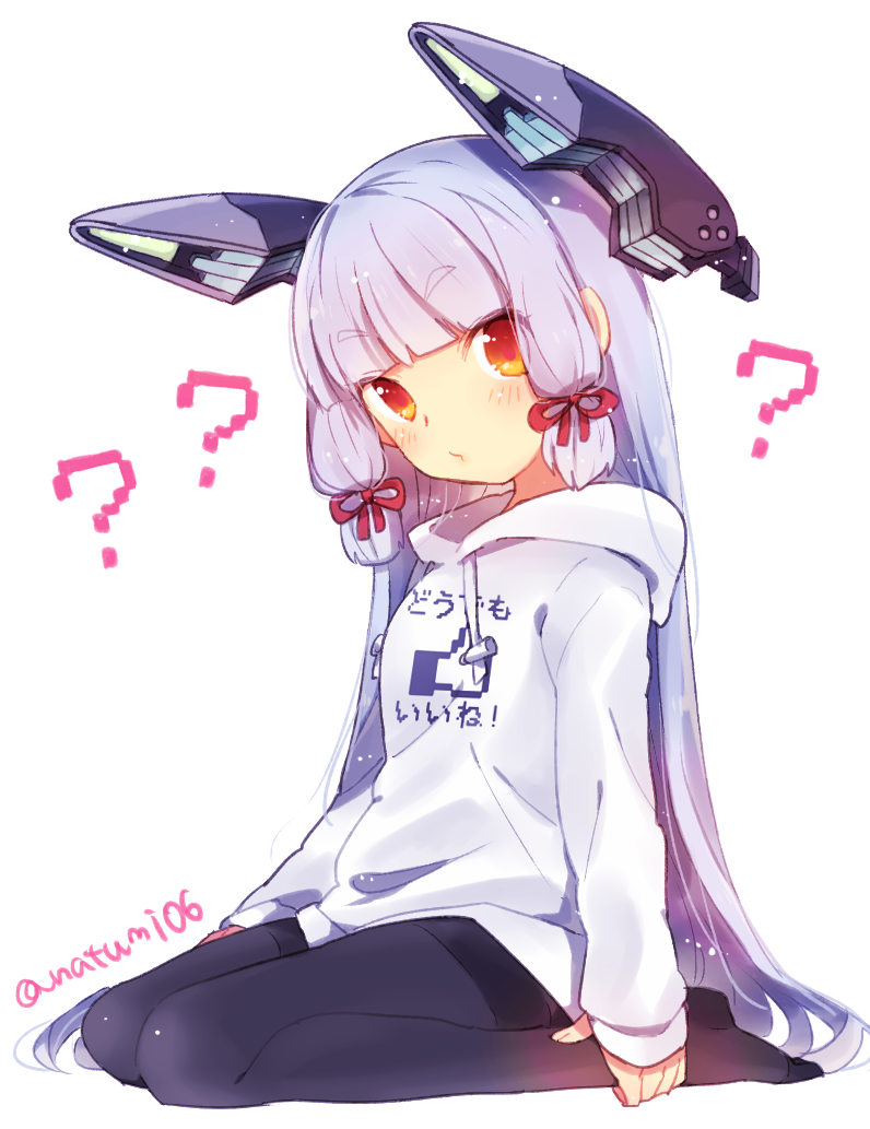 headgear, hoodie, kantai_collection, kneeling, murakumo_(kantai_collection), natsumi_(natumi06), orange_eyes, pantyhose