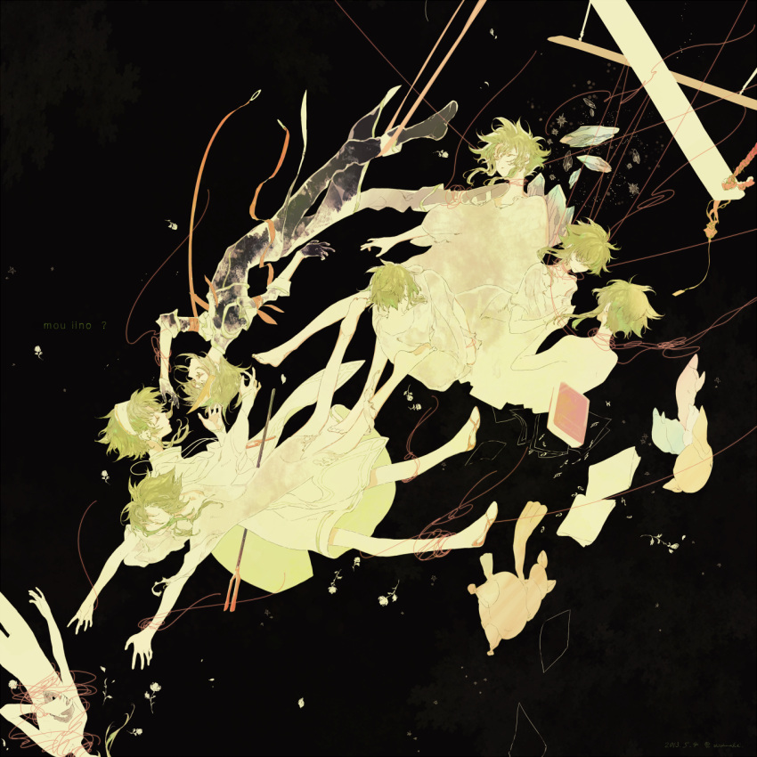 6+boys, barefoot, black_background, book, clone, closed_eyes, falling, florian_(tales), flower, green_hair, hair_tubes, highres, ion, male_focus, molatoliamu, multiple_boys, outstretched_arms, reaching, red_string, staff, string, sync, tales_of_(series), tales_of_the_abyss, torn_clothes