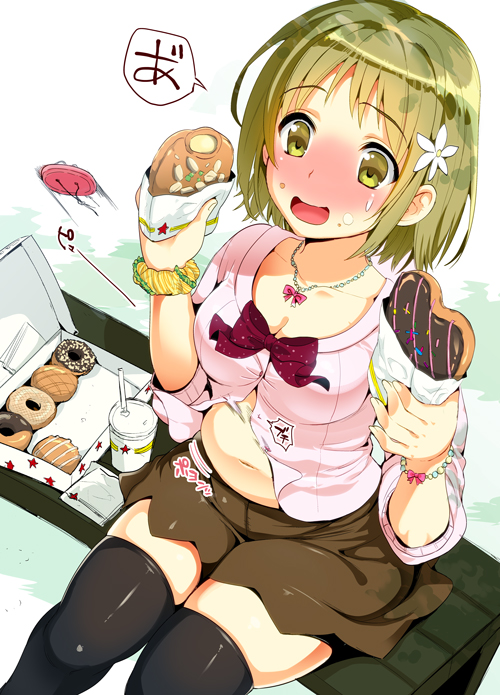 belly, blush, bracelet, breasts, brown_eyes, brown_hair, cleavage, doughnut, eating, food, food_on_face, hair_ornament, idolmaster, idolmaster_cinderella_girls, jewelry, kojima_saya, mimura_kanako, navel, necklace, open_mouth, plump, projectile, ribbon, sitting_on_bench, skindentation, skirt, thigh-highs, wardrobe_malfunction, zettai_ryouiki