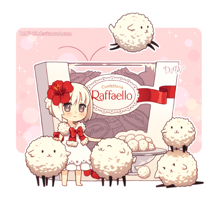 >:x, 1girl, :3, animalization, artist_name, box, dav-19, flower, food, hair_flower, hair_ornament, minigirl, original, personification, raffaello, sheep, short_hair, smile, solo, sweets, violet_eyes, watermark, web_address, white_hair