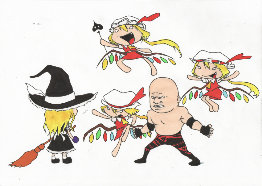 bald, blonde_hair, broom, chibi, crossover, flandre_scarlet, hat, kane_(wwe)