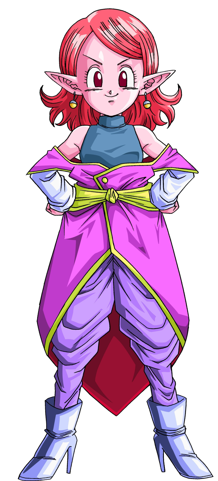 1girl, absurdres, baggy_pants, boots, dragon_ball, dragon_ball_xenoverse, dragon_ball_z, earrings, high_heels, highres, jewelry, off_shoulder, official_art, pants, pink_eyes, pink_hair, pink_skin, pointy_ears, supreme_kai_of_time, toriyama_akira