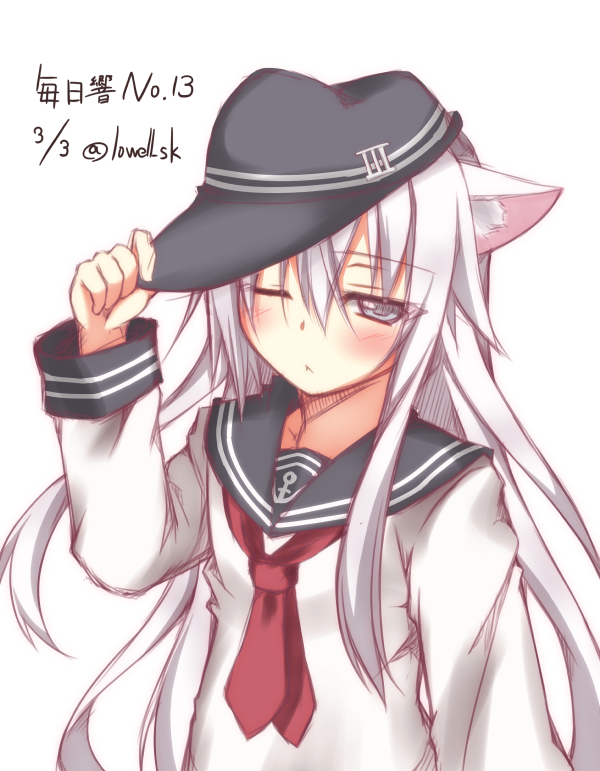 1girl, animal_ears, blue_eyes, cat_ears, hat, hibiki_(kantai_collection), kantai_collection, long_hair