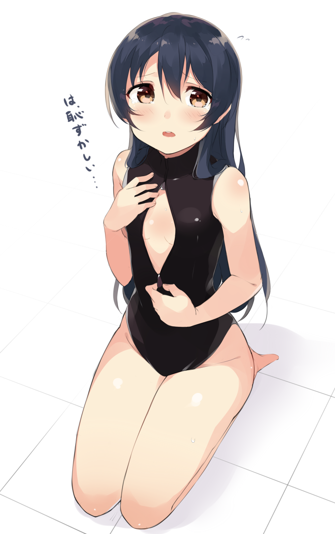1girl, black_hair, brown_eyes, flat_chest, front_zipper_swimsuit, long_hair, love_live!_school_idol_project, one-piece_swimsuit, seiza, sitting, sonoda_umi, swimsuit, totoki86