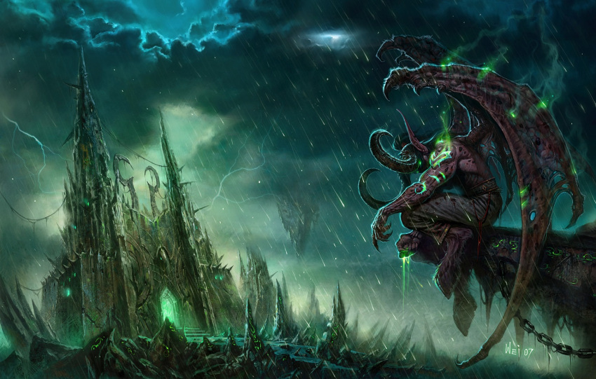 building, chain, clouds, dark, green, highres, illidan_stormrage, magic