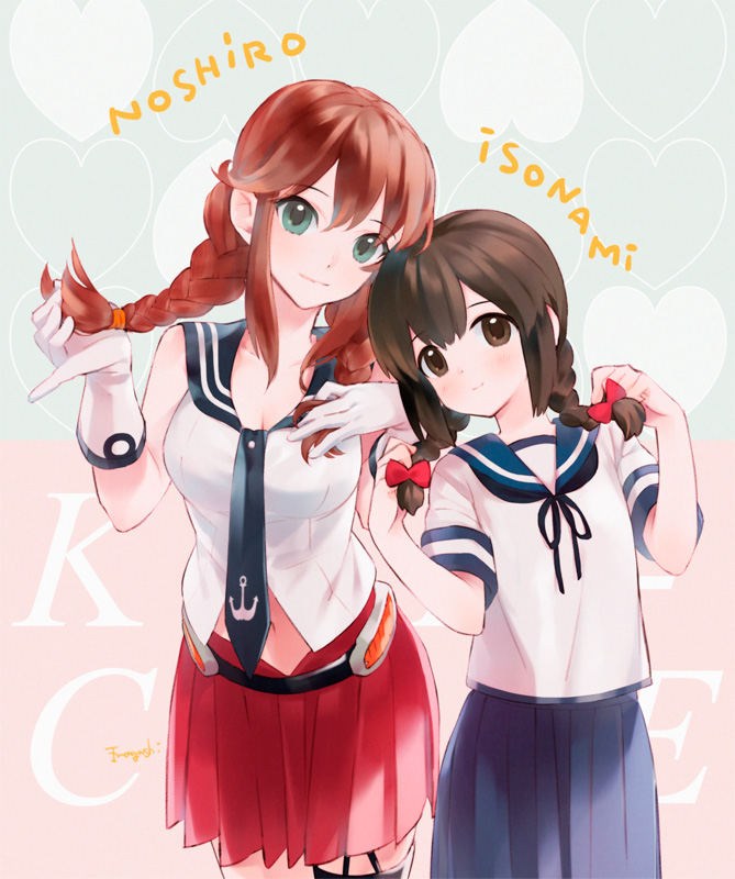 2girls, black_hair, braid, brown_eyes, brown_hair, gloves, green_eyes, inogashi