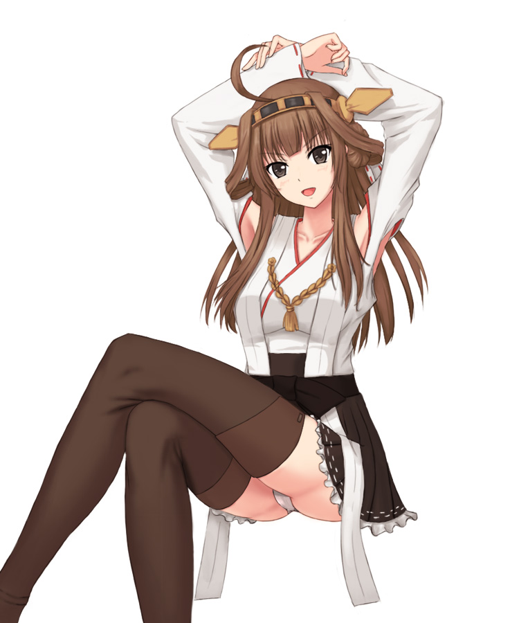1girl, arms_behind_head, arms_up, black_eyes, black_skirt, breasts, brown_hair, brown_legwear